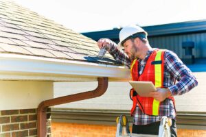Roofing worker rolls underlayment across a wood roof deck beside stacked shingles.