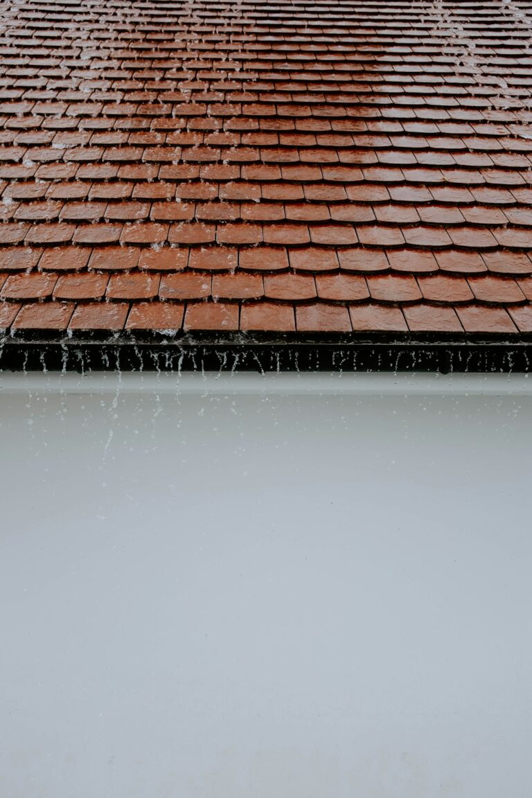 Snow rests on a residential shingle roof while a person examines the eaves and gutters from the ground.
